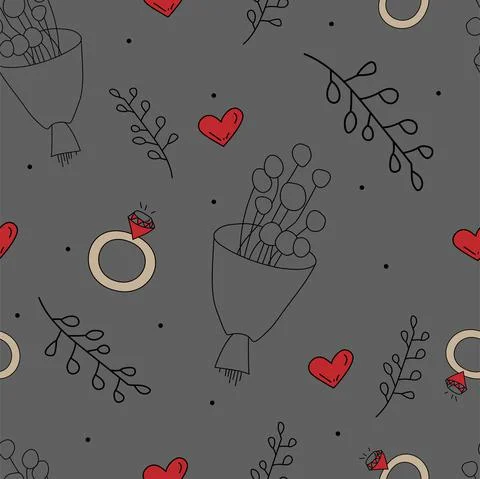 Vector. Seamless love pattern with bouquet, branch, heart, engagement ring, 스톡 일러스트