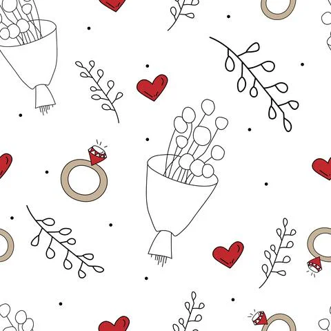Vector. Seamless love pattern with bouquet, branch, heart, engagement ring, 스톡 일러스트