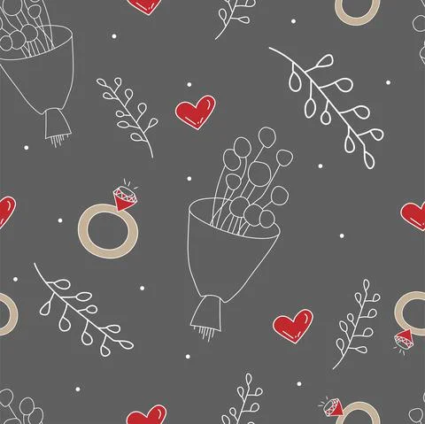 Vector. Seamless love pattern with bouquet, branch, heart, engagement ring, Stock Illustration
