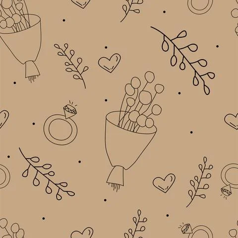 Vector. Seamless love pattern with bouquet, branch, heart, engagement ring, 스톡 일러스트