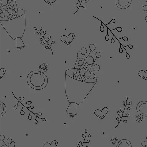 Vector. Seamless love pattern with bouquet, branch, heart, engagement ring, Stock Illustration