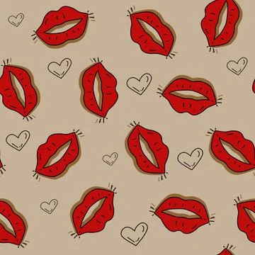 Vector. Seamless love pattern with hand drawn contours of hearts and red lips. 스톡 일러스트