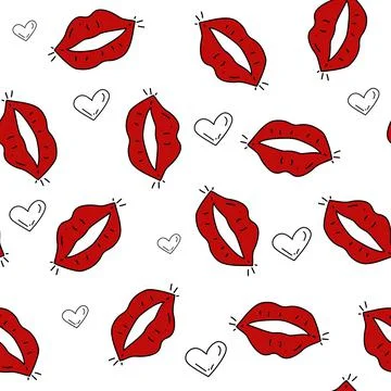 Vector. Seamless love pattern with hand drawn contours of hearts and red lips. Illustrazione stock