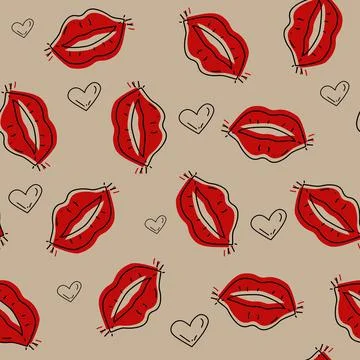 Vector. Seamless love pattern with hand drawn contours of hearts and red lips. Stock Illustration