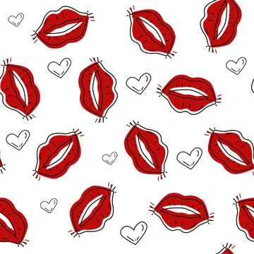 Vector. Seamless love pattern with hand drawn contours of hearts and red lips. Stock Illustration