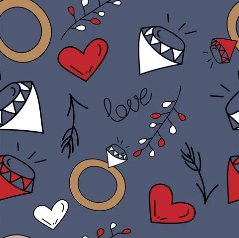 Vector. Seamless love pattern with hand drawn wedding ring, branch, diamond, Stock Illustration