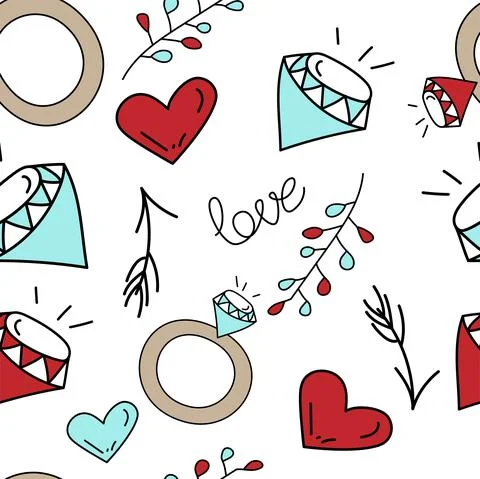 Vector. Seamless love pattern with hand drawn wedding ring, branch, diamond, Stock Illustration