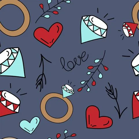 Vector. Seamless love pattern with hand drawn wedding ring, branch, diamond, Stock Illustration