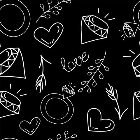 Vector. Seamless love pattern with hand drawn wedding ring, branch, diamond, Illustrazione stock