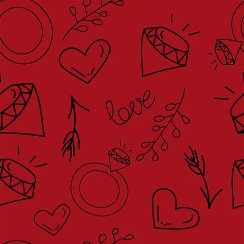 Vector. Seamless love pattern with hand drawn wedding ring, branch, diamond, Illustrazione stock
