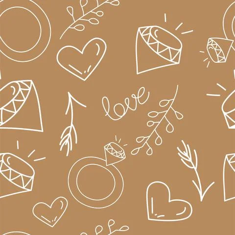 Vector. Seamless love pattern with hand drawn wedding ring, branch, diamond, Illustrazione stock