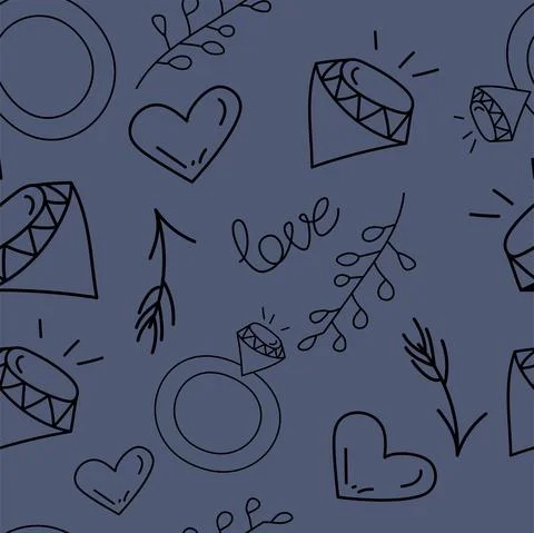 Vector. Seamless love pattern with hand drawn wedding ring, branch, diamond, Stock Illustration