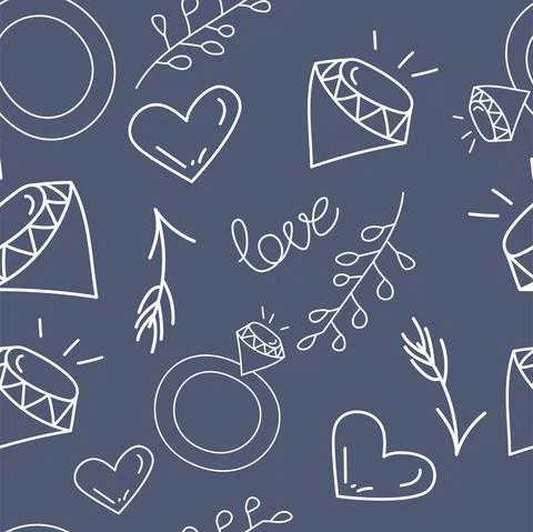 Vector. Seamless love pattern with hand drawn wedding ring, branch, diamond, Illustrazione stock
