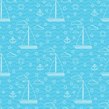 Vector seamless marine pattern with two sails sailboat, clouds, anchor, lifeb 스톡 일러스트