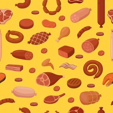 Vector Seamless Meat Pattern with Sausage, Bacon, Ham and Grilled Meat Pieces on Stock Illustration