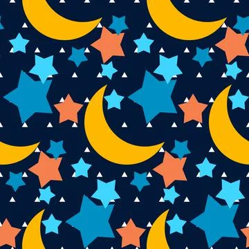 Vector seamless Memphis pattern with stars and moonlight. Night sky Stock Illustration