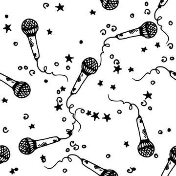 Vector seamless microphone pattern with dots and stars in a black line on a Stock Illustration
