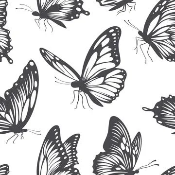 Vector Seamless Monochrome Butterfly Pattern. Hand-Drawn Single Color Butterfly Stock Illustration