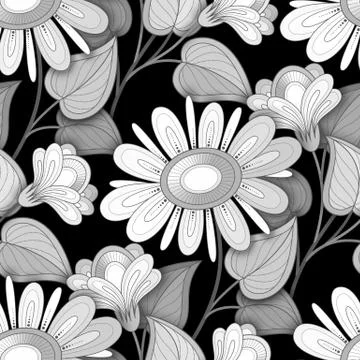 Vector Seamless Monochrome Floral Pattern Stock Illustration
