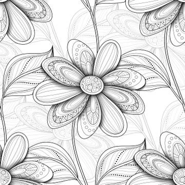 Vector Seamless Monochrome Floral Pattern Stock Illustration