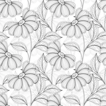 Vector Seamless Monochrome Floral Pattern Stock Illustration