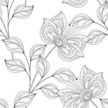 Vector Seamless Monochrome Floral Pattern Stock Illustration