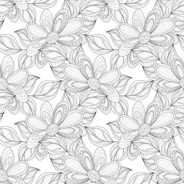 Vector Seamless Monochrome Floral Pattern Stock Illustration