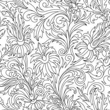 Vector Seamless Monochrome Floral Pattern. Coloring Book Stock Illustration