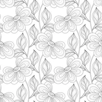 Vector Seamless Monochrome Floral Pattern Stock Illustration