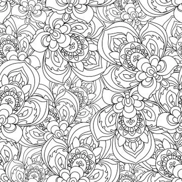 Vector Seamless Monochrome Ornate Pattern for coloring book. Hand Drawn Mandala Illustrazione stock