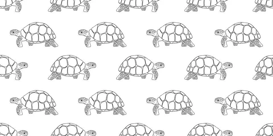 Vector seamless monochrome pattern with going outline turtle isolated on white 스톡 일러스트