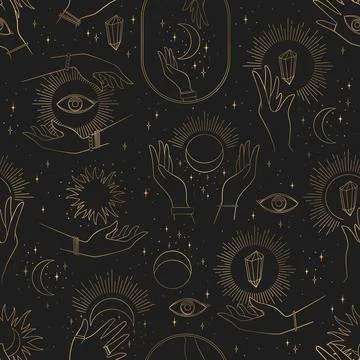 Vector seamless mysterious pattern with gold abstract hands, sun, moon and st Stock Illustration