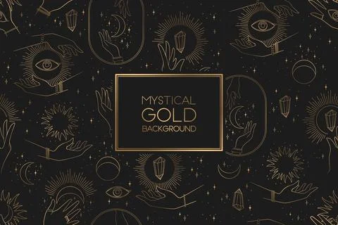 Vector seamless mystical pattern with gold abstract hands, sun, moon and st.. Stock Illustration