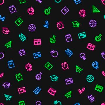 Vector seamless neon light back to school pattern. Neon icons. Illustrazione stock