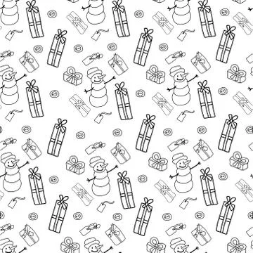 Vector Seamless New Year pattern with snowmen, tags,gifts,button Stock Illustration