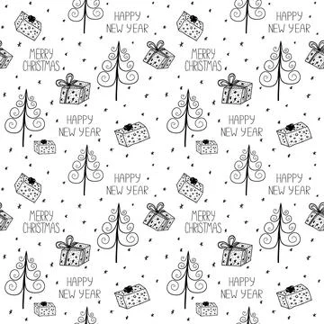Vector seamless New Year pattern with New Year trees and boxes with gifts. New Stockillustratie