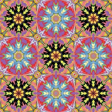 Vector seamless oriental background. Yellow red blue mandalas symmetrically Stock Illustration