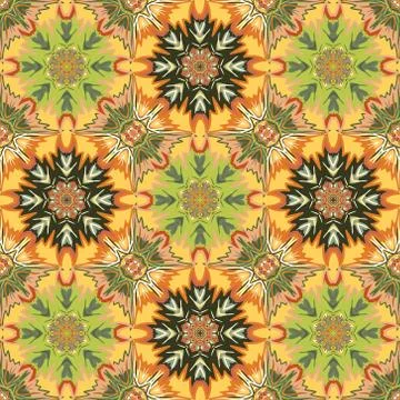 Vector seamless oriental background. Yellow green mandalas symmetrically Stock Illustration