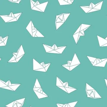 Vector seamless origami pattern with drawing paper boats. Decorative green Illustrazione stock