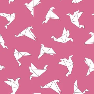 Vector seamless origami pattern with drawing paper birds. Decorative pink Illustrazione stock