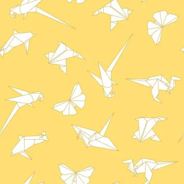 Vector seamless origami pattern with drawing paper animals. Decorative yellow Иллюстрация