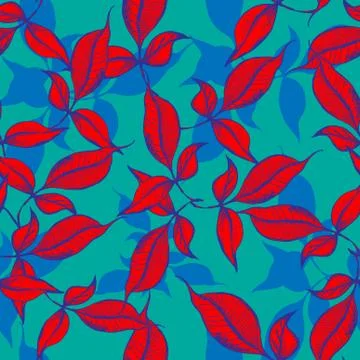 Vector seamless outline leaves pattern. Red ink engraved on blue green Stock Illustration