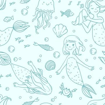 Vector seamless outline pattern with cartoon cute mermaids and fish in pastel Stock Illustration