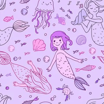 Vector seamless outline pattern with cartoon cute mermaids and fish in lilac  Stock Illustration