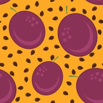 Vector Seamless Passion Fruit Pattern with Brown Seeds on Orange Background.  Stock Illustration