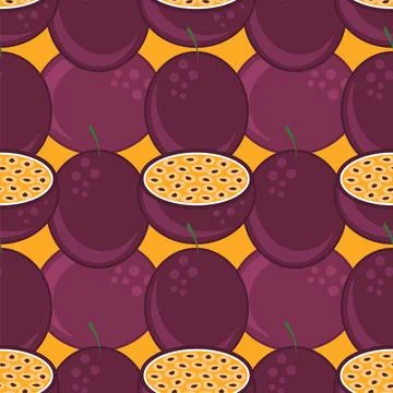 Vector Seamless Passion Fruit Pattern with Brown Seeds on Orange Background.  Stock Illustration
