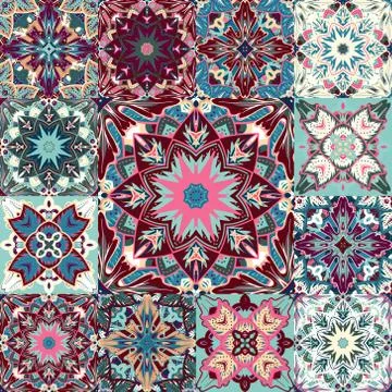 Vector seamless patchwork background from colorful oriental ornaments, polka dot イラスト素材