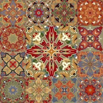 Vector seamless patchwork background from colorful oriental ornaments, polka dot 스톡 일러스트