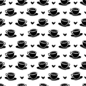 Vector seamless patten with hand drawn cup of coffee or tea cup and hearts... Stock Illustration