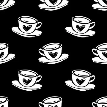 Vector seamless patten with hand drawn cup of coffee or tea cup and hearts... Stock Illustration